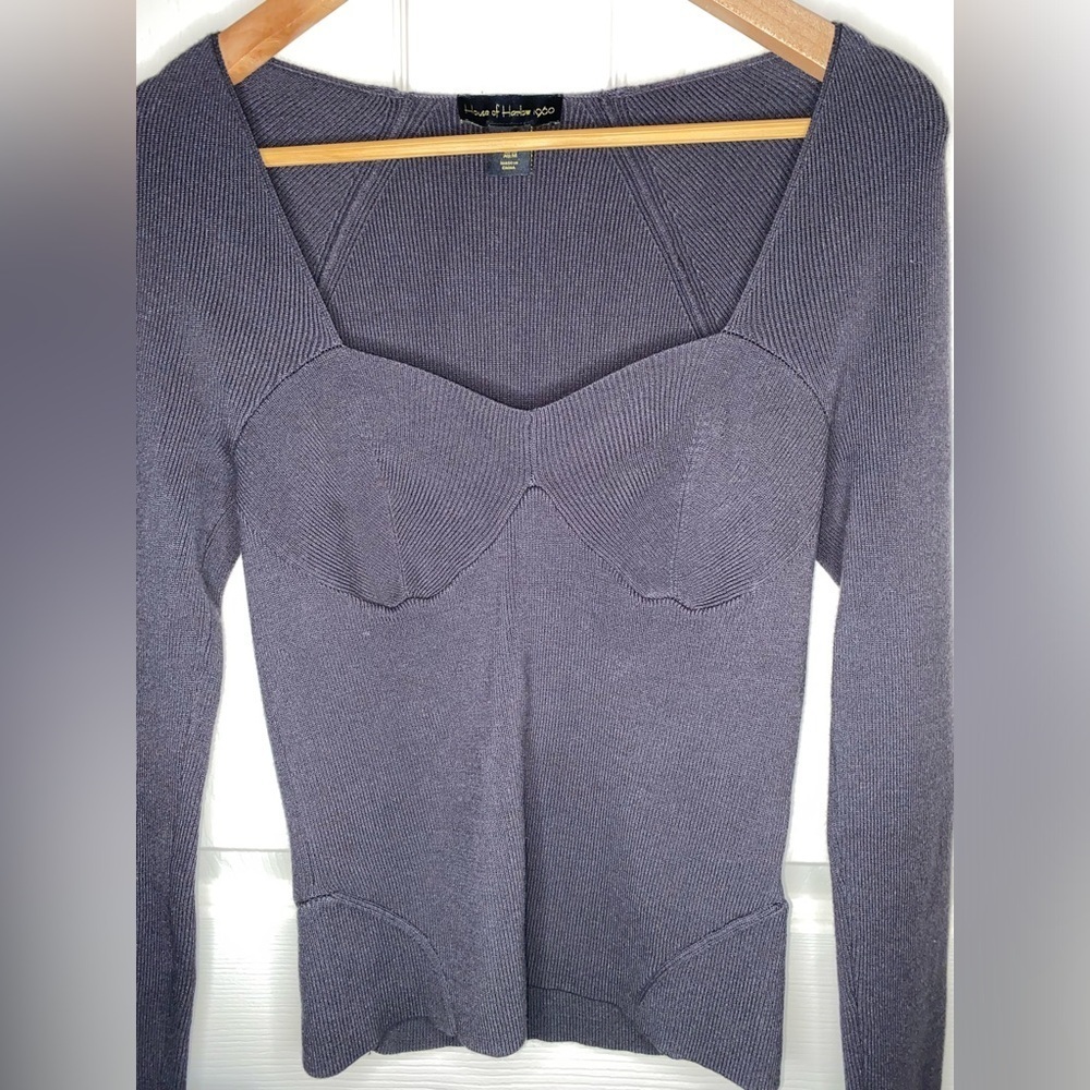 House of Harlow 1960 Dark Gray Sweetheart Ribbed Knit Long Sleeve Top – M